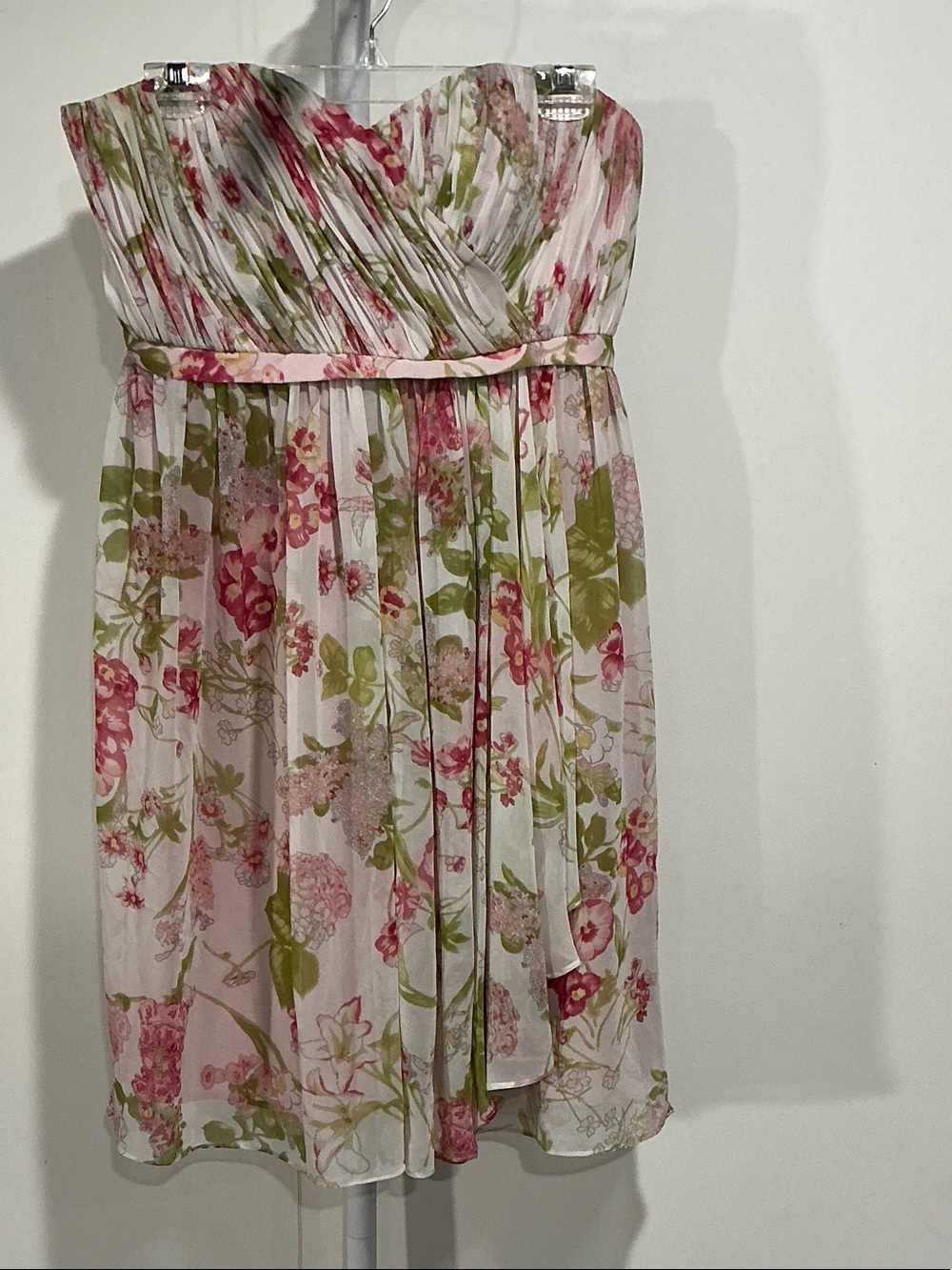 Donna Morgan Strapless Floral Chiffon Dress in Pink and Olive Green